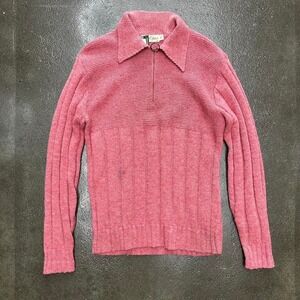Vintage 70s 80s Pink Knit Quarter Zip Pullover Women's Medium Wool Sweater